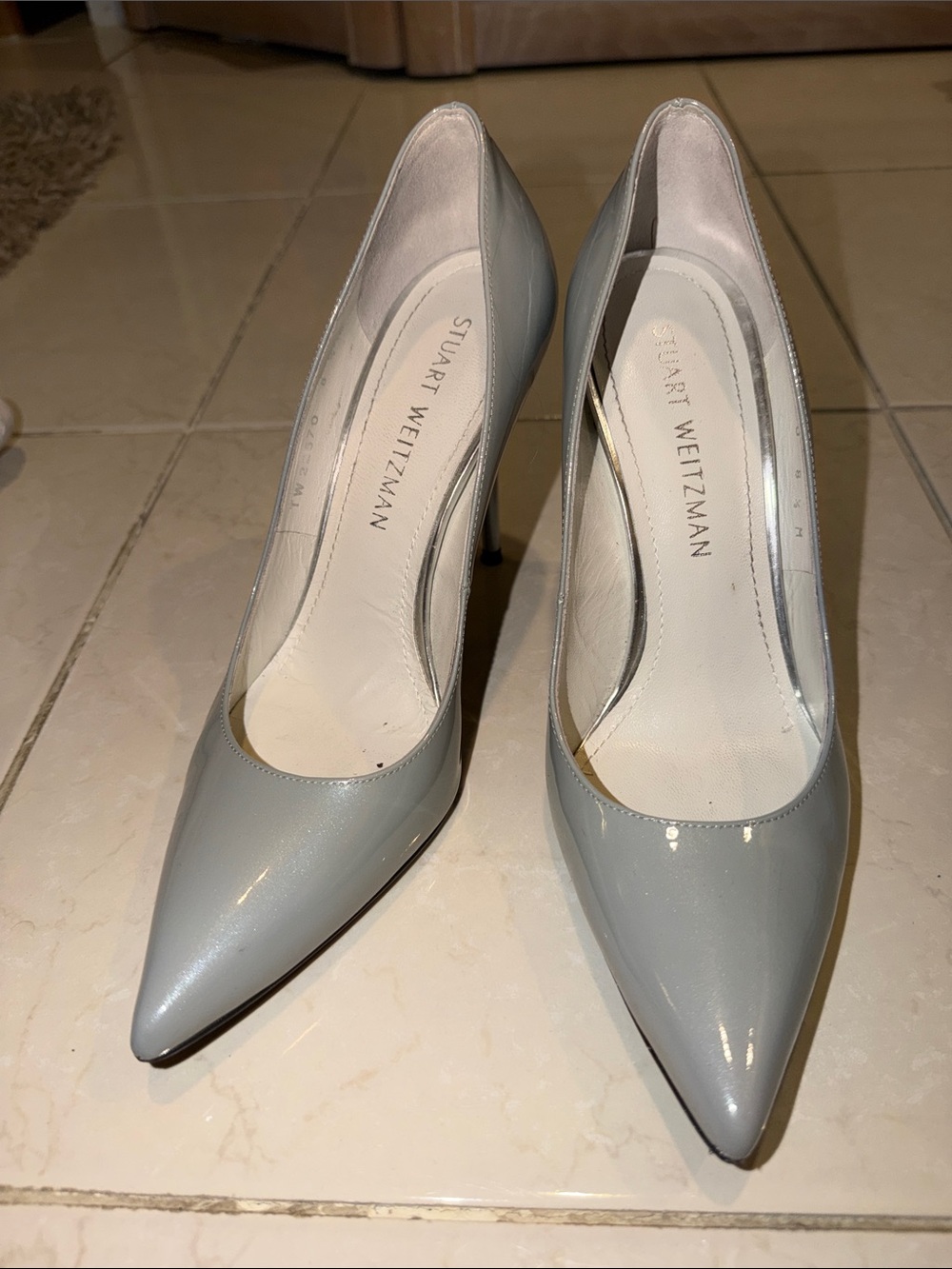 Stuart Weitzman Pale Gray Patent Leather Pointed-Toe Pumps